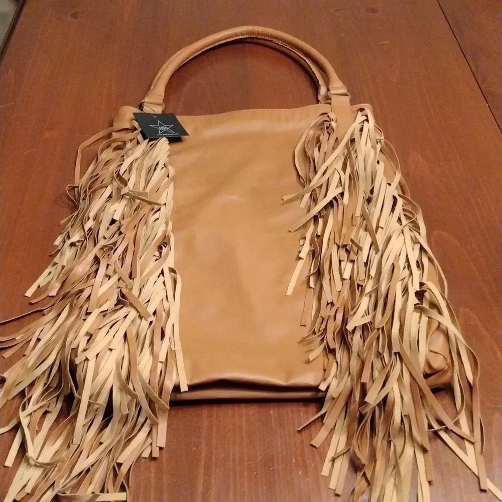 NWT AREA Stars Fringe Faux Leather HOBO Bag, 17
